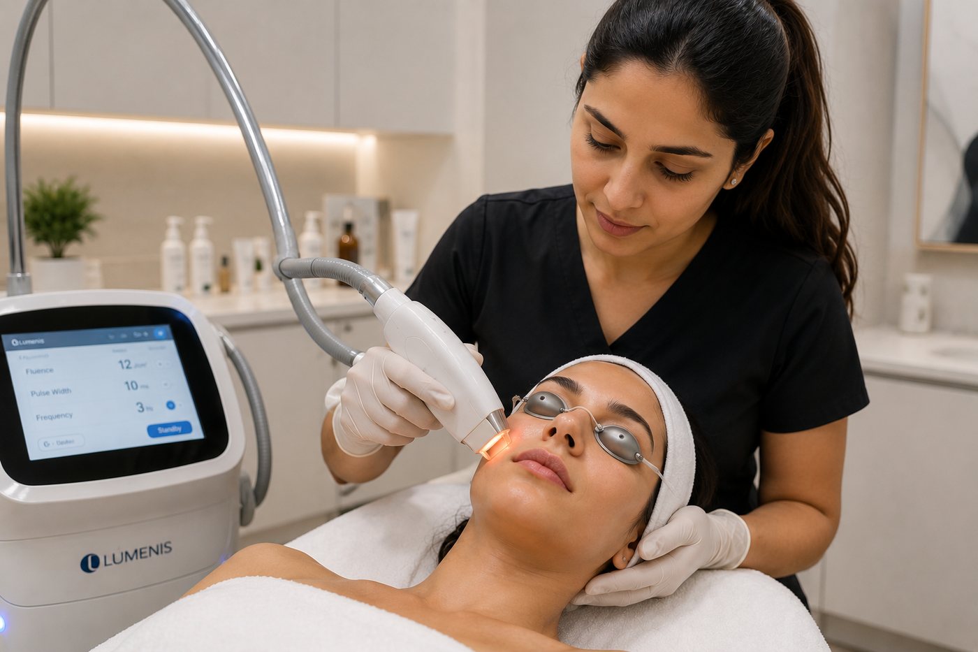 A clinician performing a laser skin treatment on a patient in a treatment room.