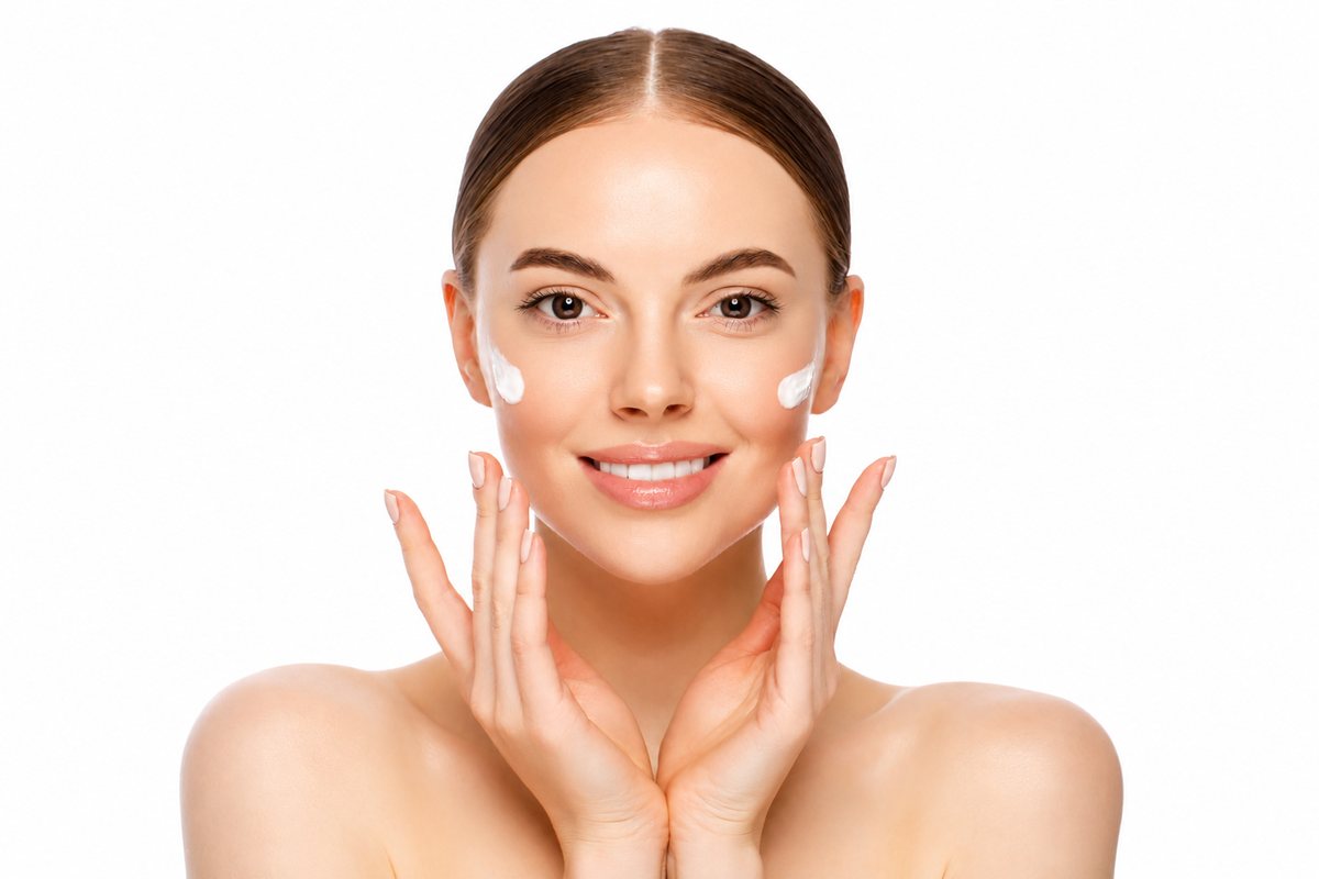 A person smiling with moisturiser on their cheeks, hands framing their face.
