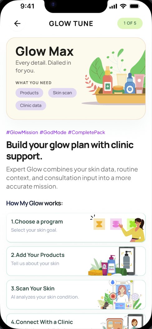 GlowMission in the Celes app: the Glow Max mission showing what you need and the four steps from choosing a program to connecting with a clinic.