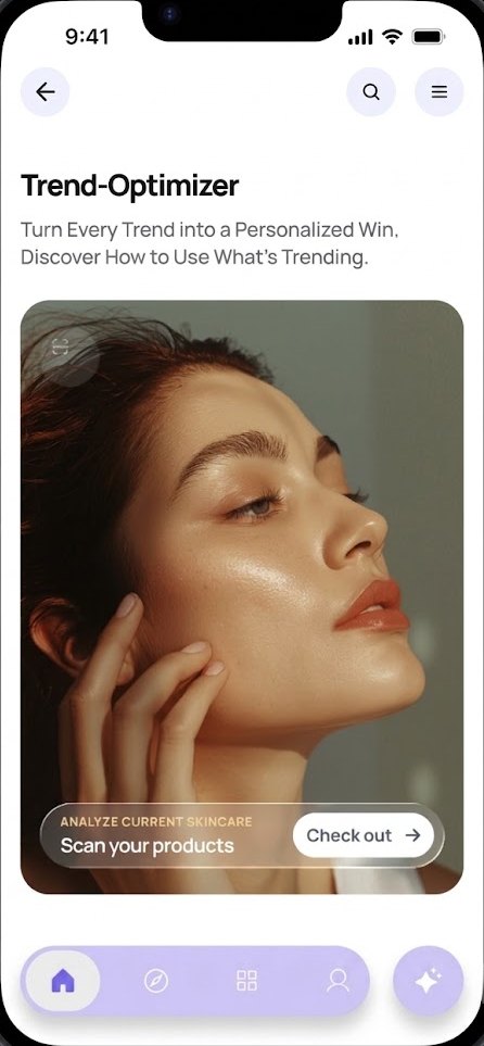 Trend-Optimizer in the Celes app, offering to scan your products and analyse current skincare trends.