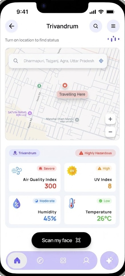 Skin Sync Travel Mode in the Celes app, showing a destination map with local air quality, UV index, humidity and temperature.